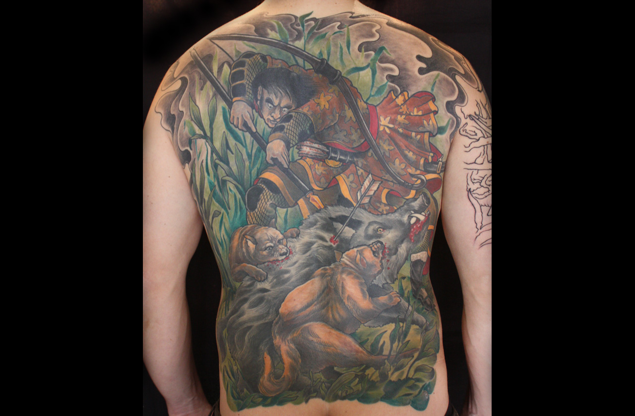Asiatisches Rückentattoo - Jagdszene